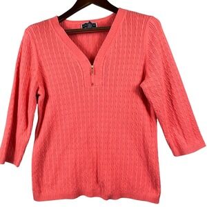 Karen Scott Womens XL Coral Cable Knit V Neck Quarter Zip Sweater Classic Cozy